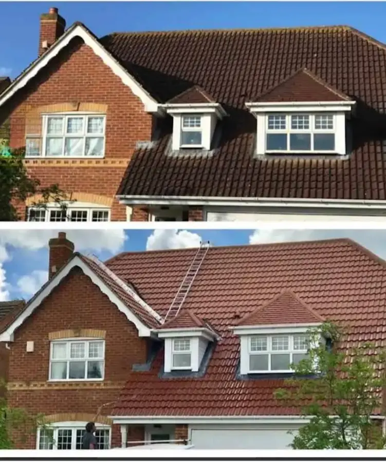 Before and after: a large tiled roof dark with moss, then cleaned back to red tile