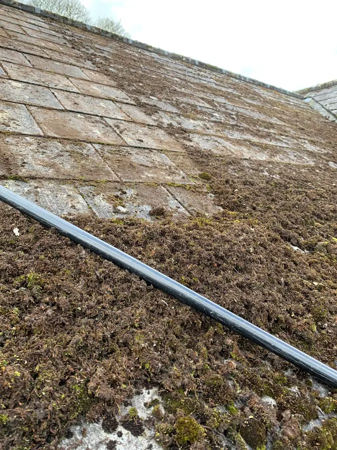 Moss being stripped from a pitched roof with a lance